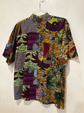 Men's Short-Sleeve Patchwork Button-Down Shirt - Multicolor